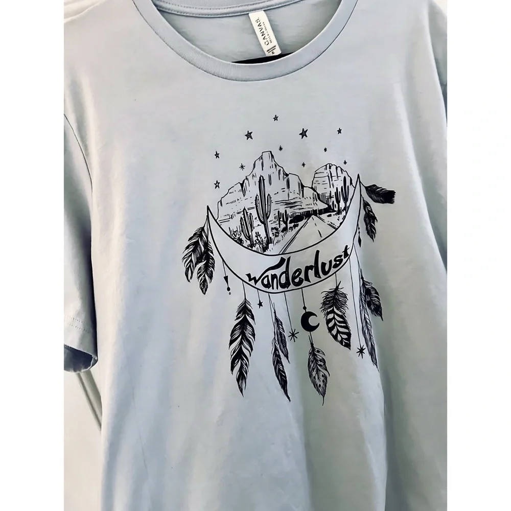 NEW! Bella Canvas Original Artwork Wanderlust Feathers Graphic Cotton Blue Tee! - Picture 3 of 3